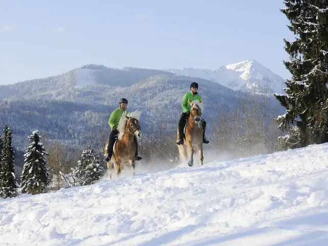 Zwei Reiter sind im Schnee unterwegs und machen einen Ausritt.